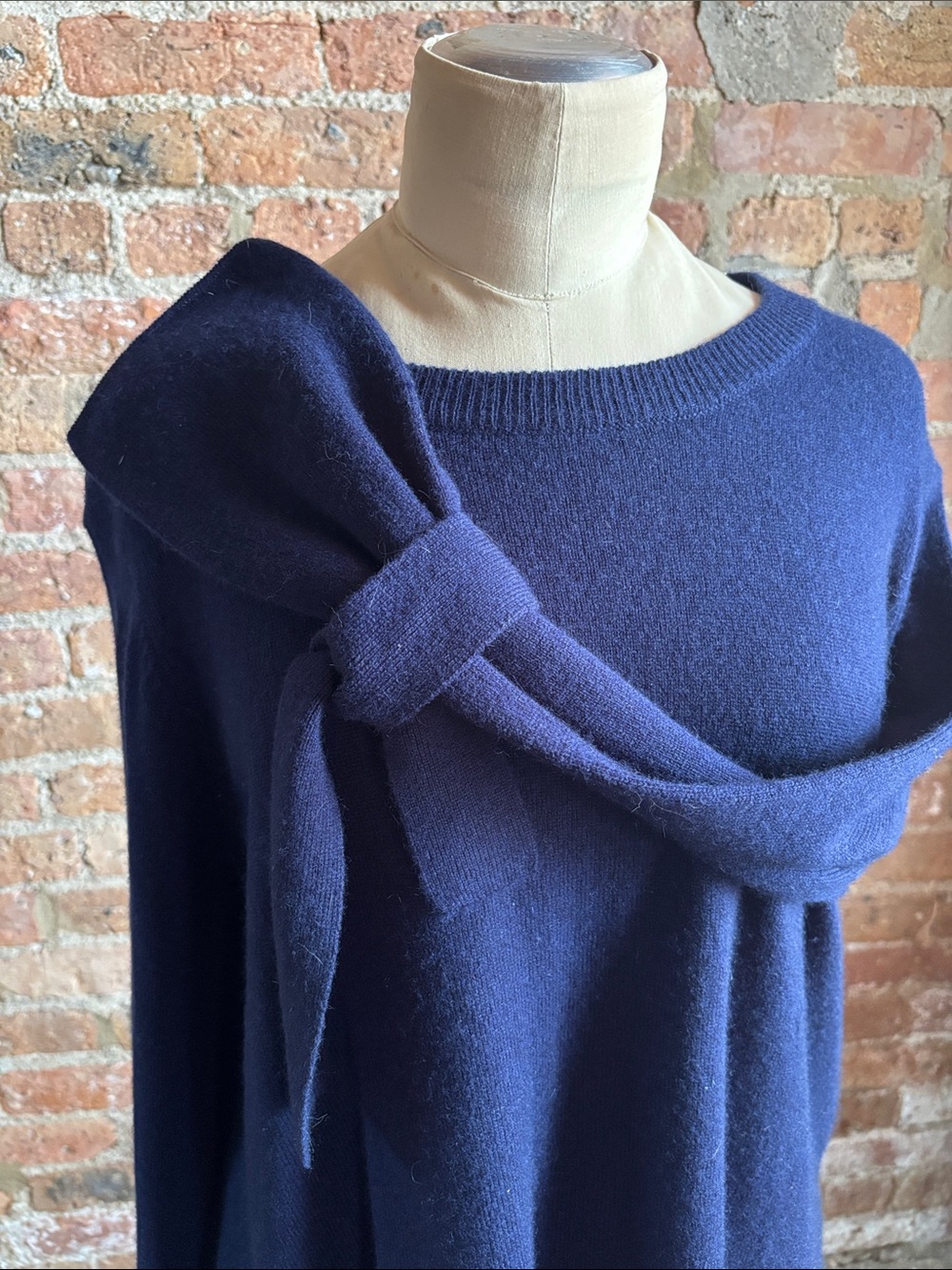 100% Cashmere. Catherines Navy Scoop-Neck Sweater with Sleeve Ties. Never worn.